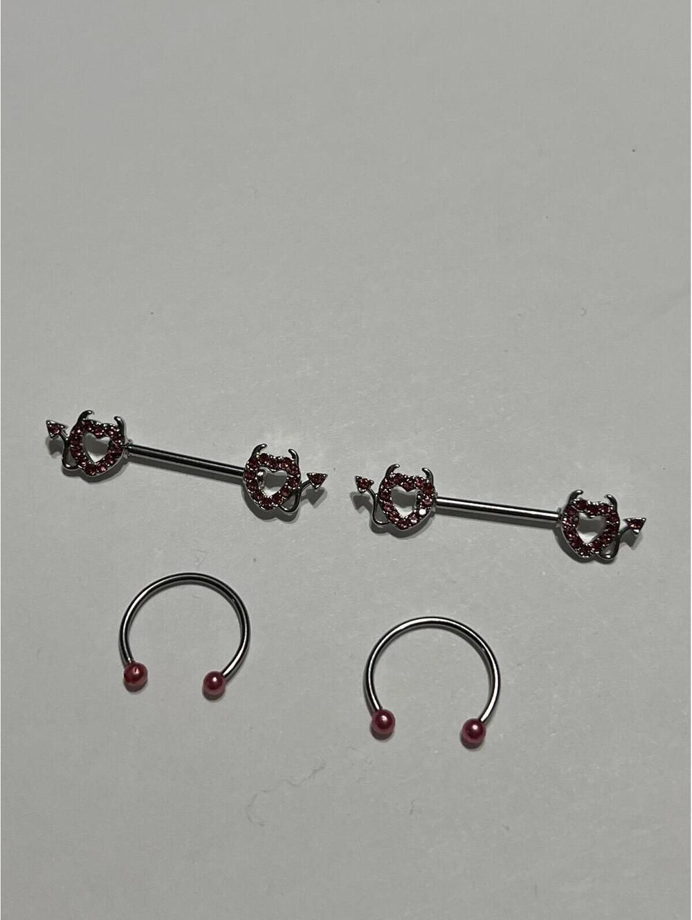 Set of 2 Silver Tone Body Piercing Rings Pink Rhinestone